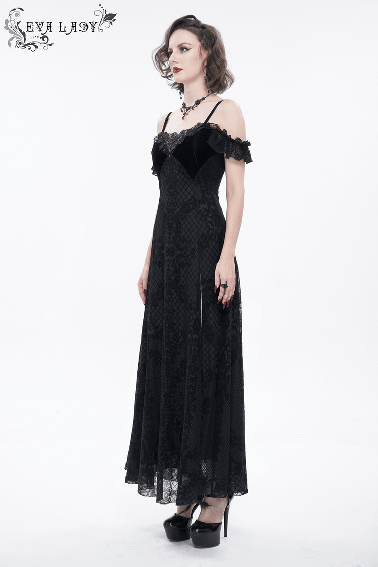Gothic Sexy Off-The-Shoulder Long Dress / Elegant Lace Slit Dress for Women - image 11