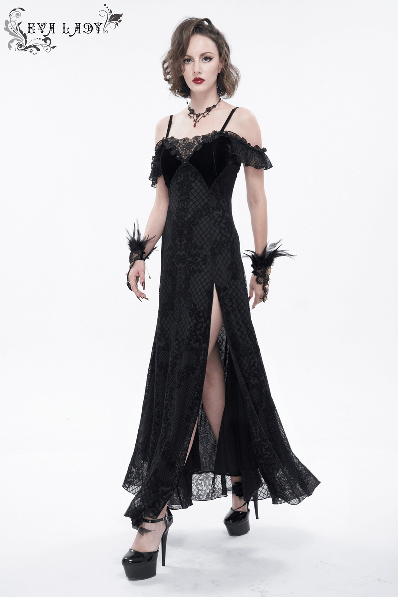 Gothic Sexy Off-The-Shoulder Long Dress / Elegant Lace Slit Dress for Women - image 12