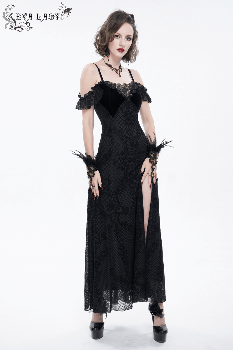 Gothic Sexy Off-The-Shoulder Long Dress / Elegant Lace Slit Dress for Women - image 13