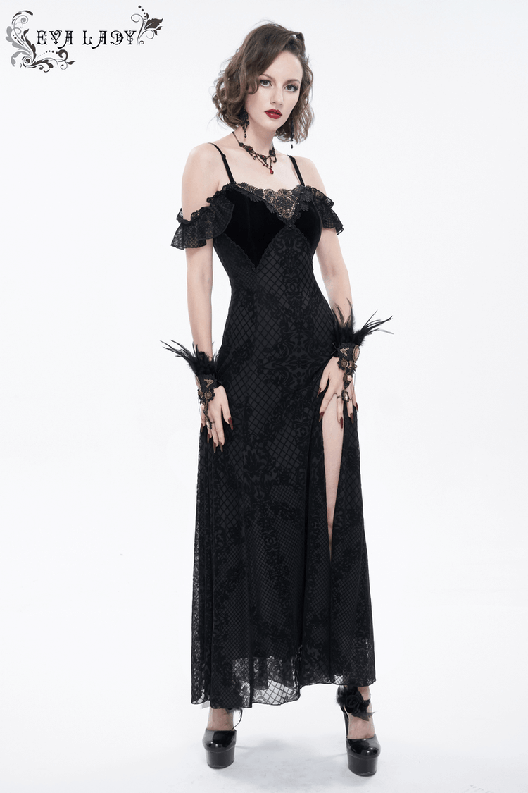 Gothic Sexy Off-The-Shoulder Long Dress / Elegant Lace Slit Dress for Women - image 13
