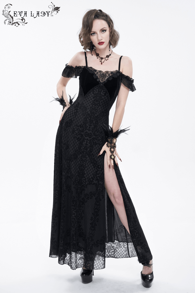 Gothic Sexy Off-The-Shoulder Long Dress / Elegant Lace Slit Dress for Women - image 14