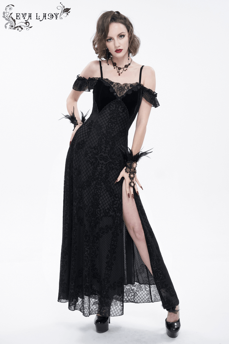 Gothic Sexy Off-The-Shoulder Long Dress / Elegant Lace Slit Dress for Women - image 14
