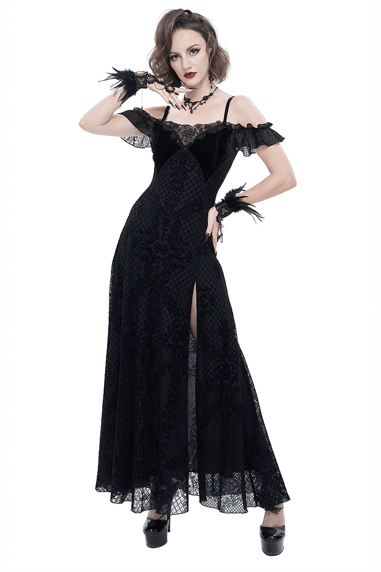 Gothic Sexy Off-The-Shoulder Long Dress / Elegant Lace Slit Dress for Women - image 1