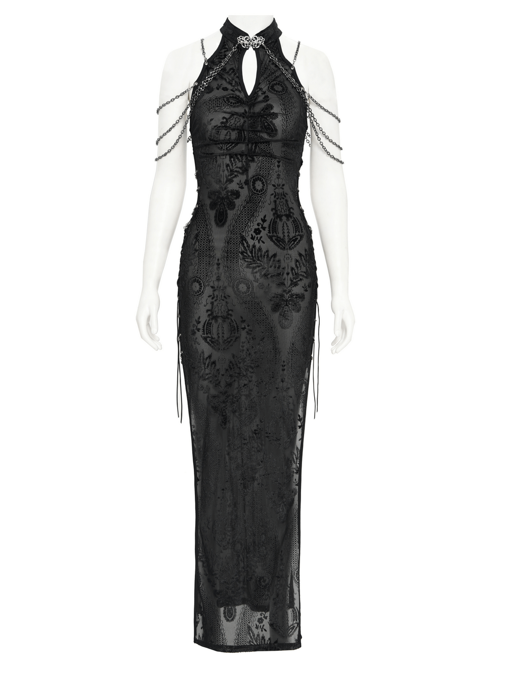 Gothic Sheer Black Dress with Chain Shoulder Detail - image 4