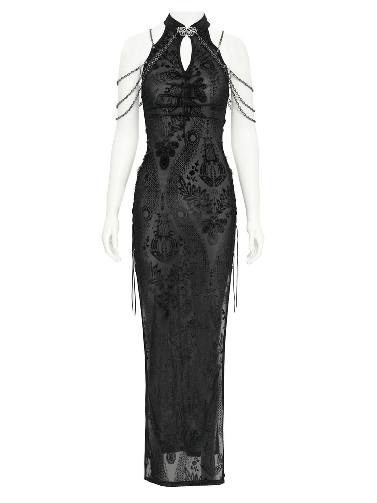 Gothic Sheer Black Dress with Chain Shoulder Detail - image 4