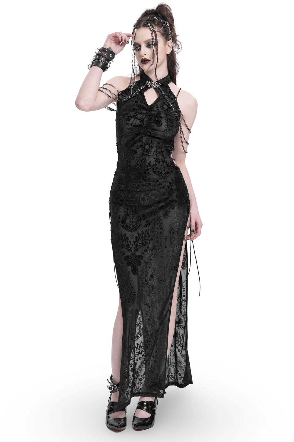 Gothic Sheer Black Dress with Chain Shoulder Detail - image 1