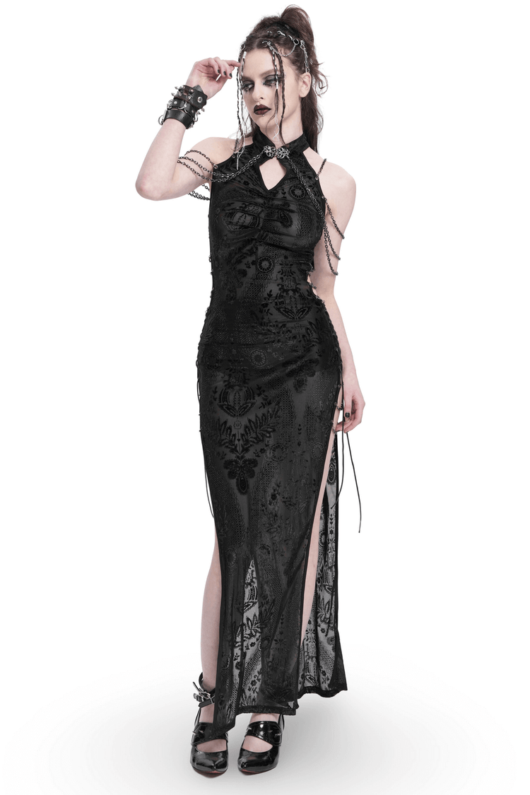Gothic Sheer Black Dress with Chain Shoulder Detail - image 1