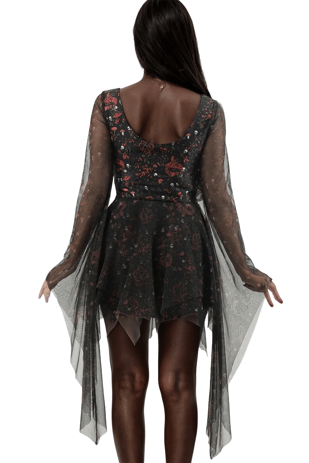 Gothic Skull and Floral Mini Dress with Sheer Mesh Sleeves - image 2