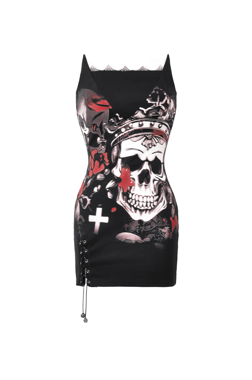 Gothic Skull Print Sleeveless Dress with Lace Detail - image 4