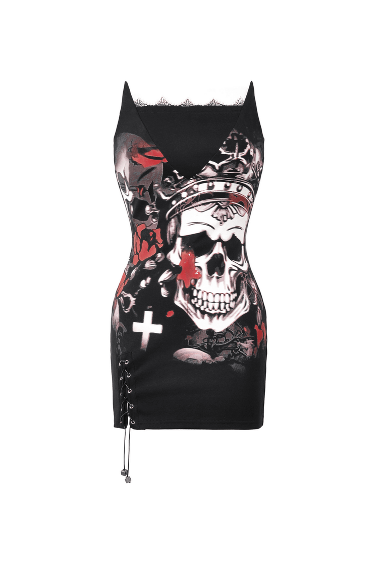 Gothic Skull Print Sleeveless Dress with Lace Detail - image 4