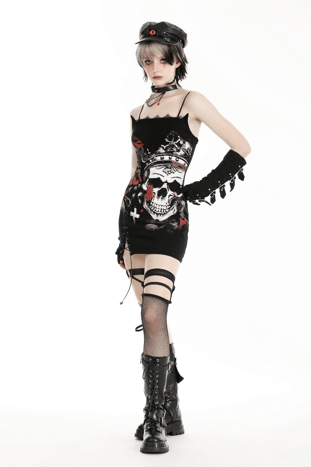 Gothic Skull Print Sleeveless Dress with Lace Detail - image 13