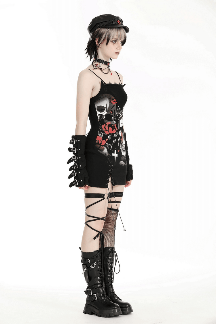 Gothic Skull Print Sleeveless Dress with Lace Detail - image 12