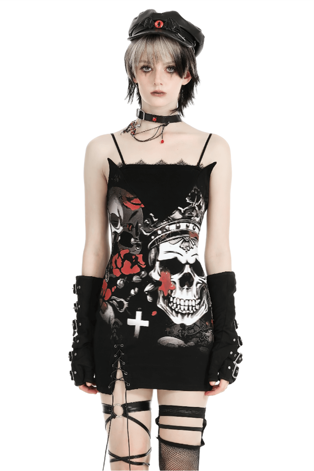 Gothic Skull Print Sleeveless Dress with Lace Detail - image 1