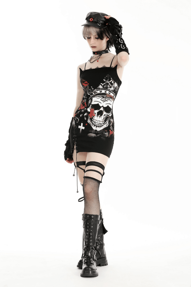 Gothic Skull Print Sleeveless Dress with Lace Detail - image 14