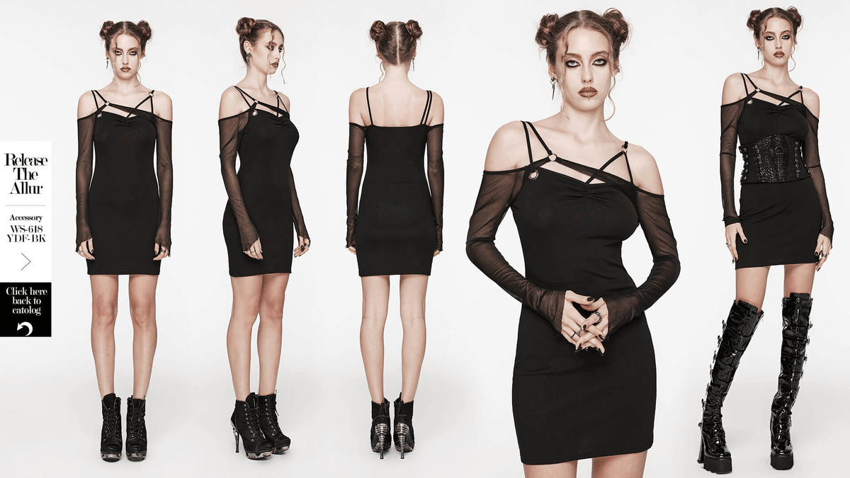 Gothic Style Asymmetric Black Mesh Sleeve Dress - image 15
