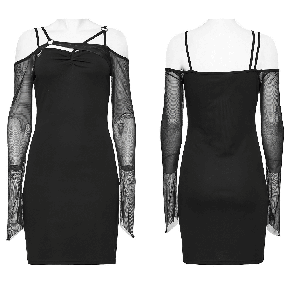 Gothic Style Asymmetric Black Mesh Sleeve Dress - image 3