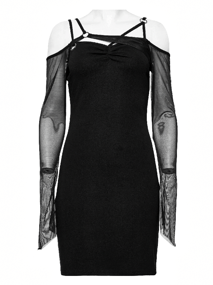 Gothic Style Asymmetric Black Mesh Sleeve Dress - image 4