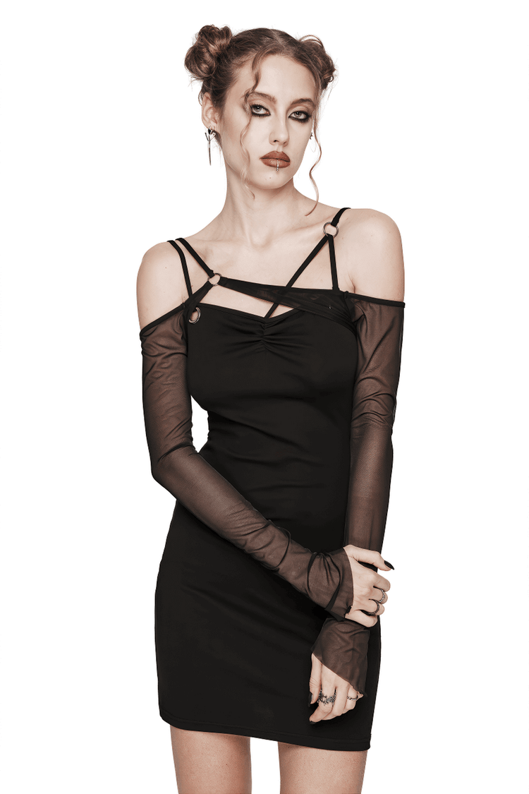 Gothic Style Asymmetric Black Mesh Sleeve Dress - image 1