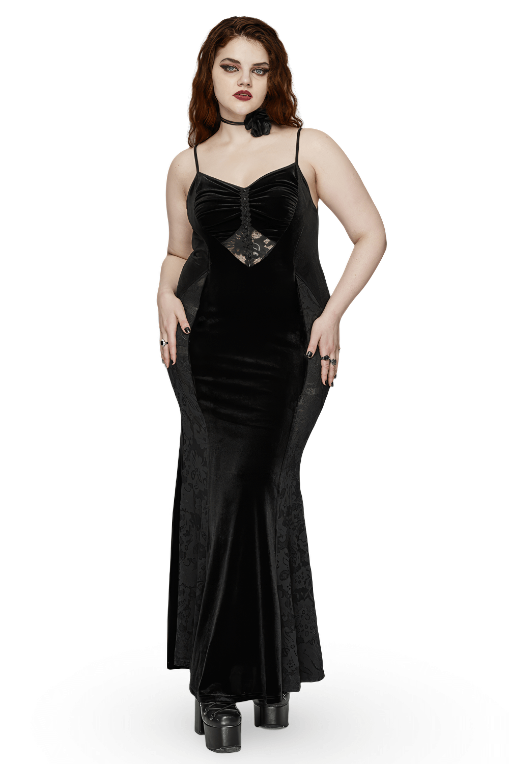 Gothic Style Black Velvet Lace Panel Mermaid Dress - image 1