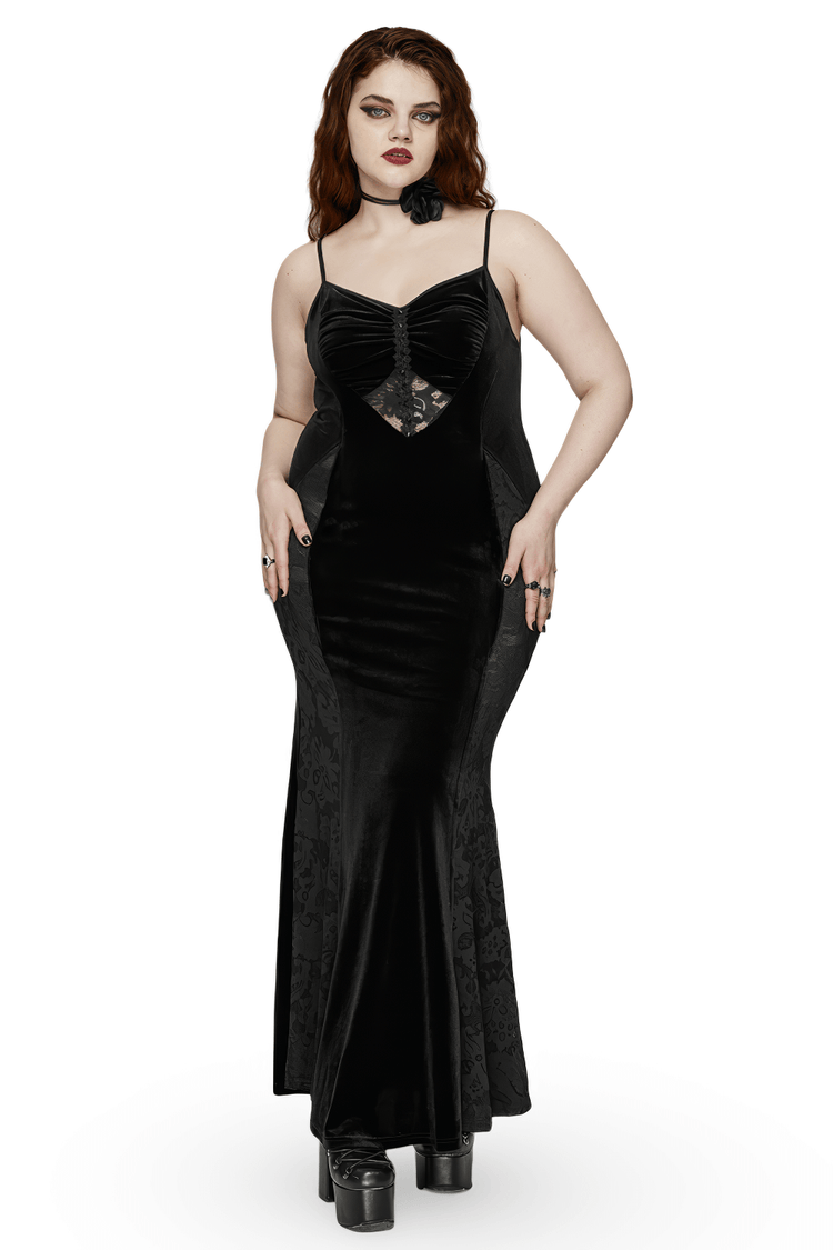 Gothic Style Black Velvet Lace Panel Mermaid Dress - image 1