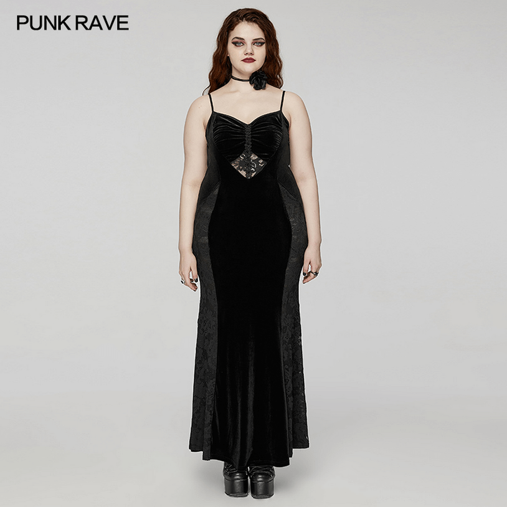 Gothic Style Black Velvet Lace Panel Mermaid Dress - image 14