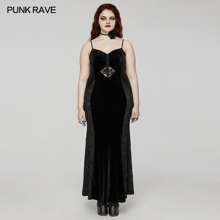 Gothic Style Black Velvet Lace Panel Mermaid Dress - image 14