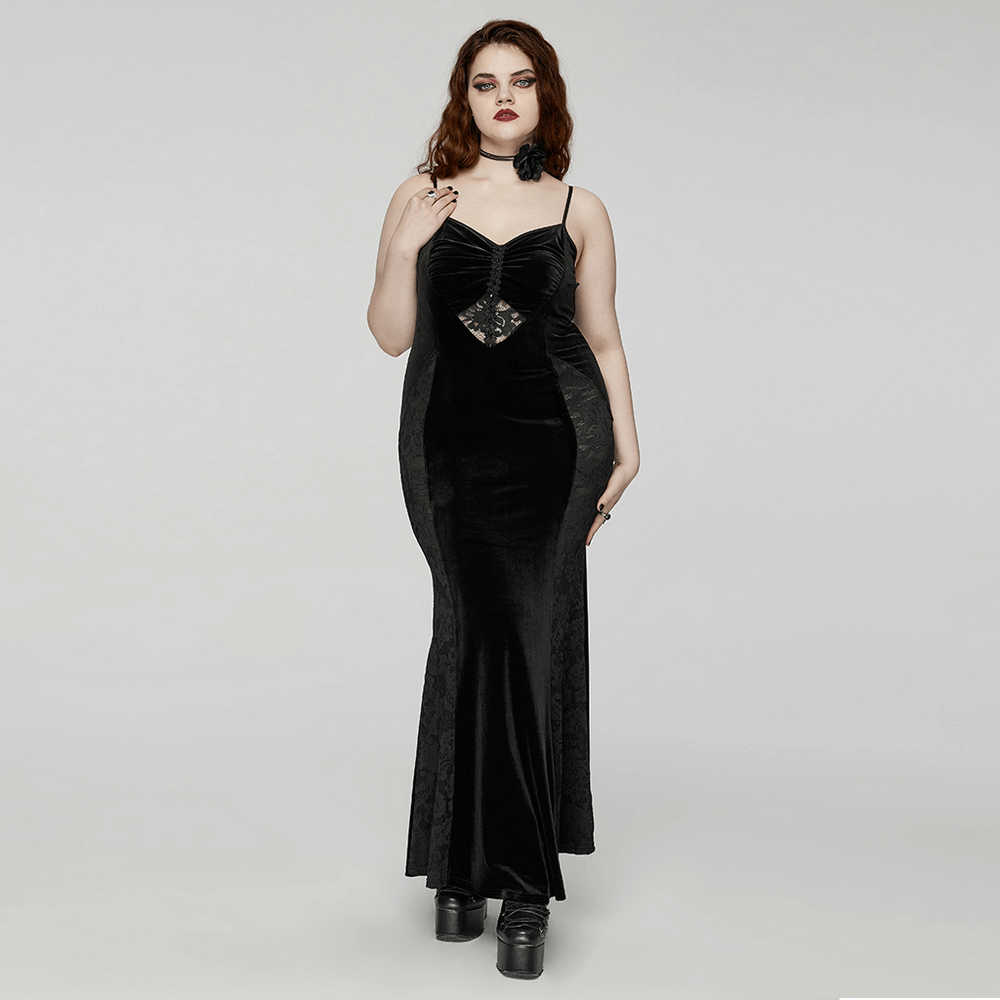 Gothic Style Black Velvet Lace Panel Mermaid Dress - image 12