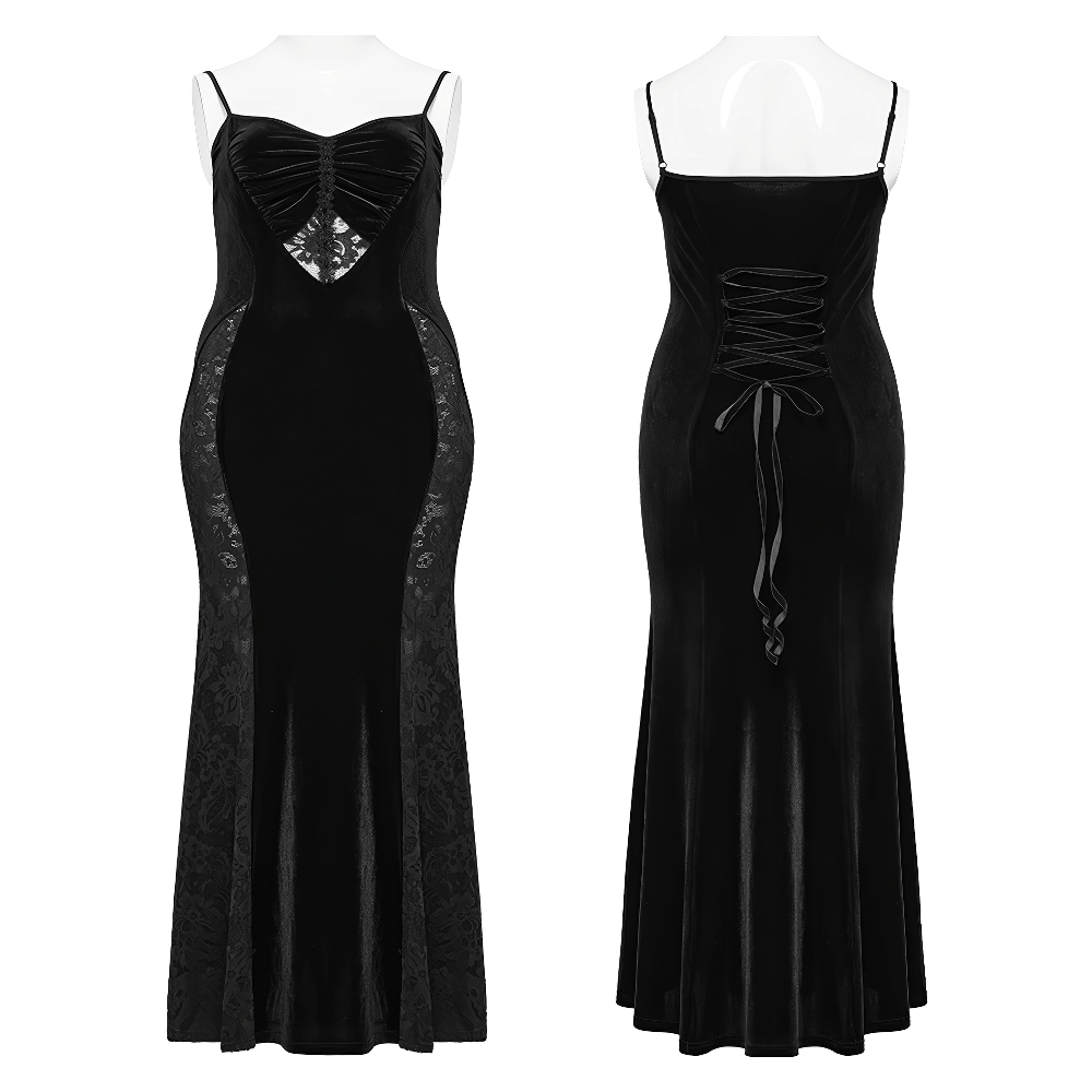 Gothic Style Black Velvet Lace Panel Mermaid Dress - image 3