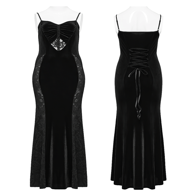 Gothic Style Black Velvet Lace Panel Mermaid Dress - image 3