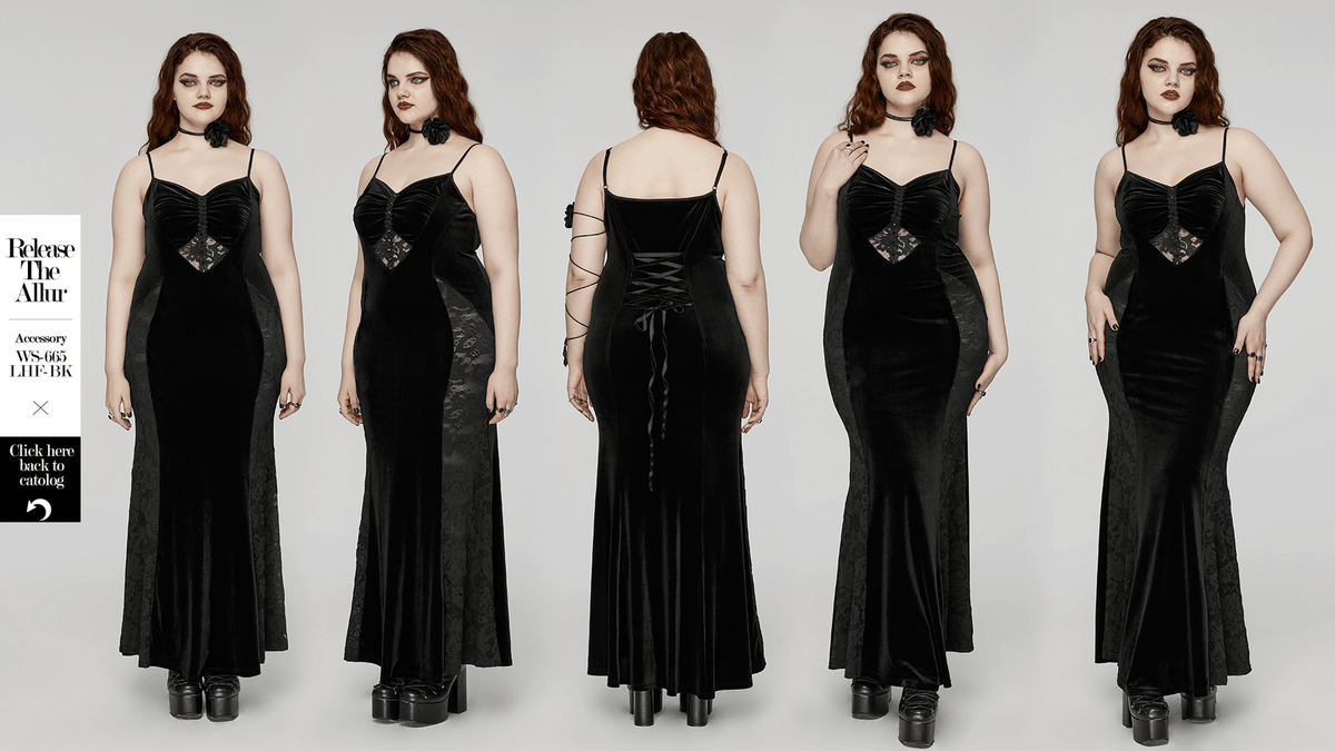Gothic Style Black Velvet Lace Panel Mermaid Dress - image 15