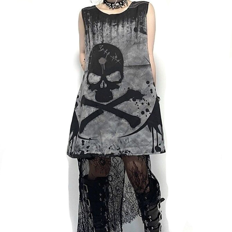 Gothic Style Short Dress With Skull Printed / Punk Sleevless Dress / Alternative Fashion - image 1