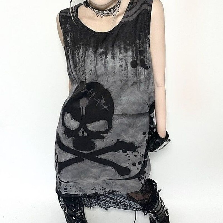 Gothic Style Short Dress With Skull Printed / Punk Sleevless Dress / Alternative Fashion - image 4