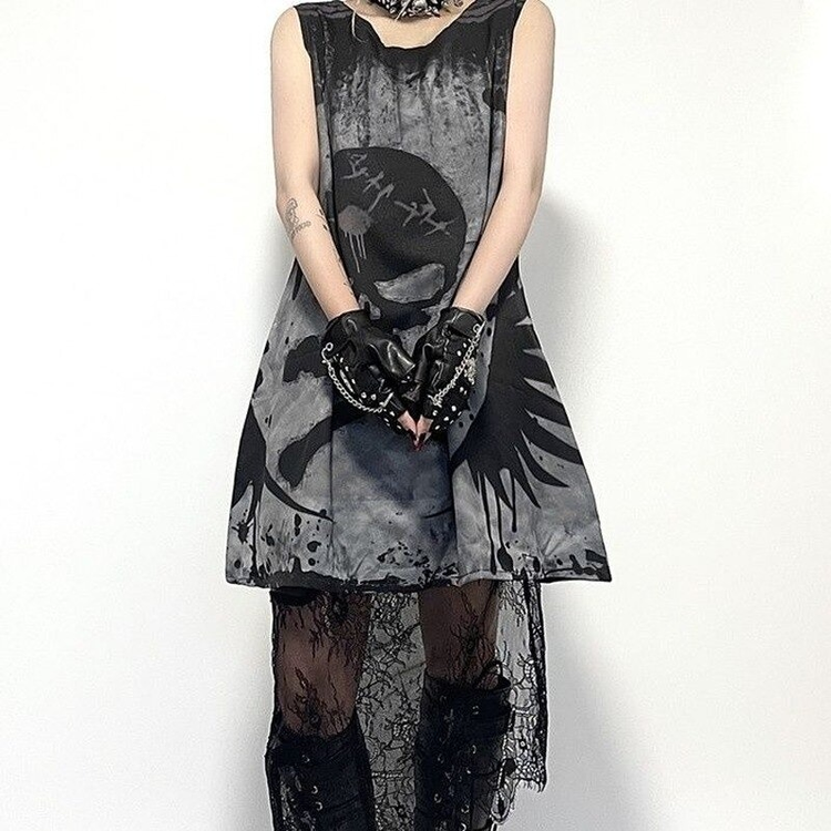 Gothic Style Short Dress With Skull Printed / Punk Sleevless Dress / Alternative Fashion - image 5