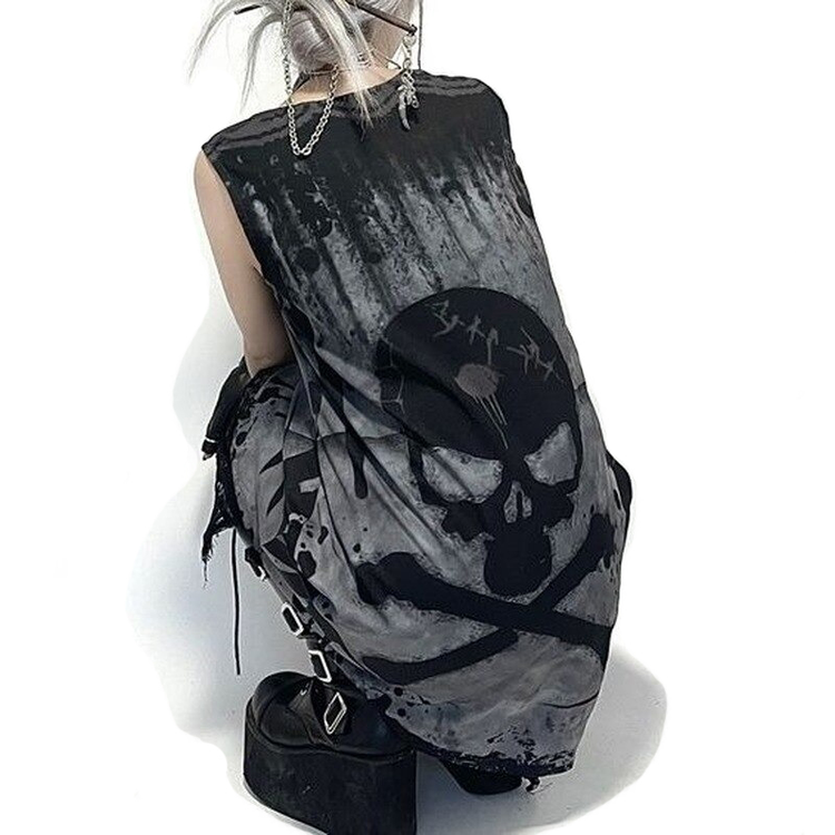 Gothic Style Short Dress With Skull Printed / Punk Sleevless Dress / Alternative Fashion - image 2