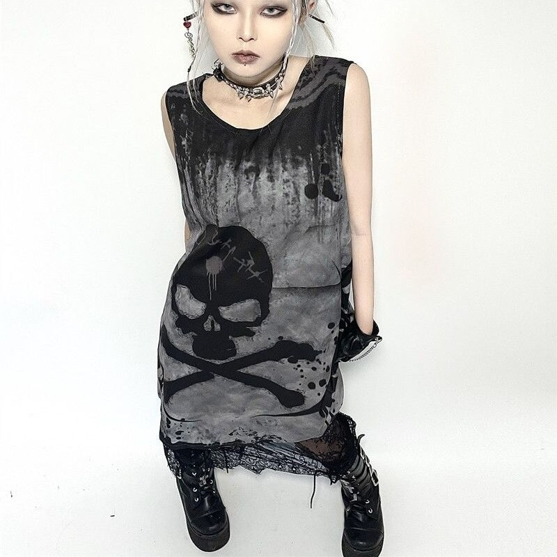 Gothic Style Short Dress With Skull Printed / Punk Sleevless Dress / Alternative Fashion - image 6