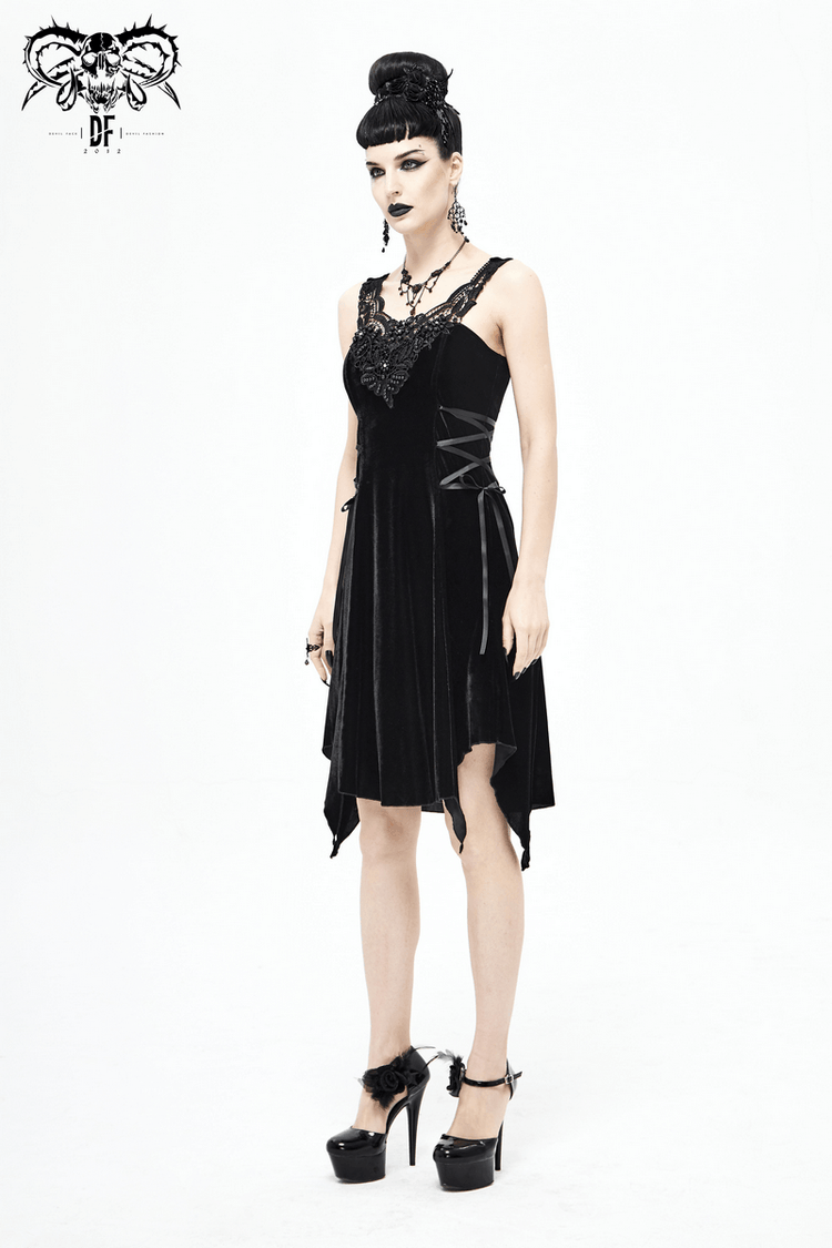 Gothic Style Velvet Sleeveless Irregular Dress / Short Dress with Lace-up on Both Side - image 12
