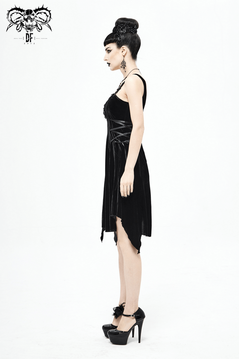 Gothic Style Velvet Sleeveless Irregular Dress / Short Dress with Lace-up on Both Side - image 13