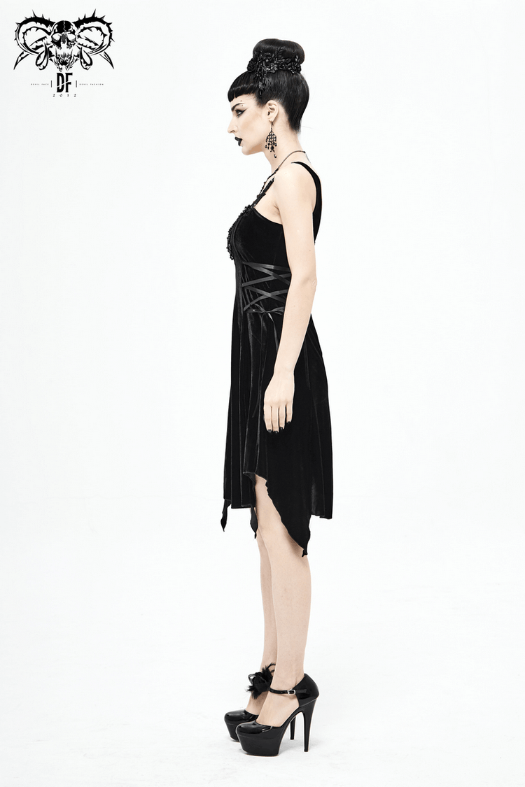 Gothic Style Velvet Sleeveless Irregular Dress / Short Dress with Lace-up on Both Side - image 13