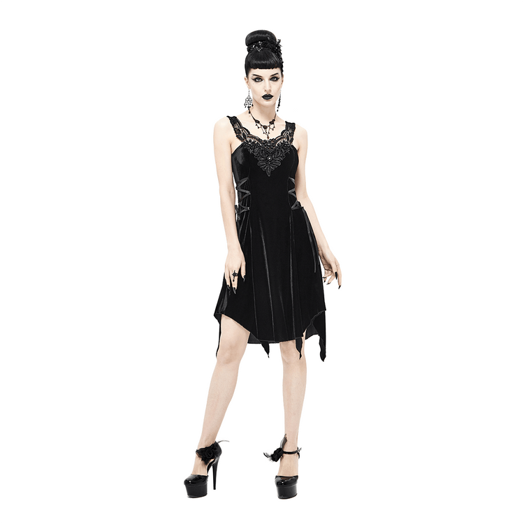 Gothic Style Velvet Sleeveless Irregular Dress / Short Dress with Lace-up on Both Side - image 11