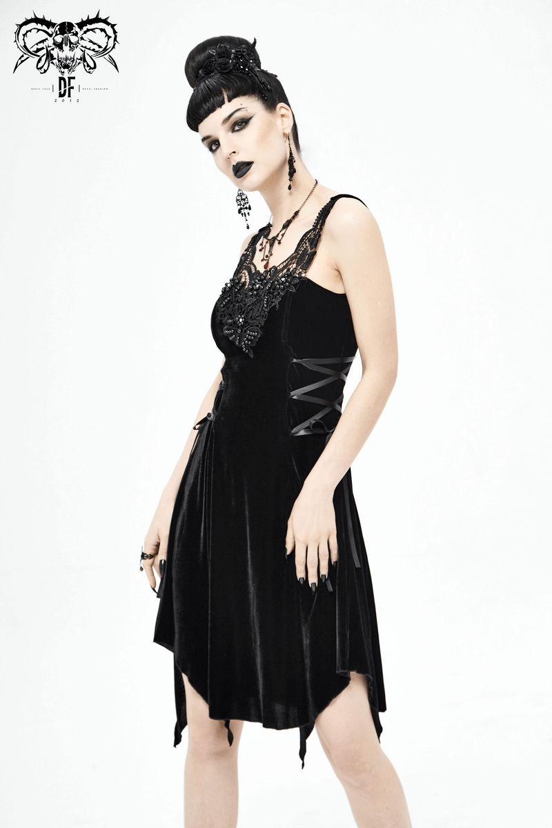 Gothic Style Velvet Sleeveless Irregular Dress / Short Dress with Lace-up on Both Side - image 10