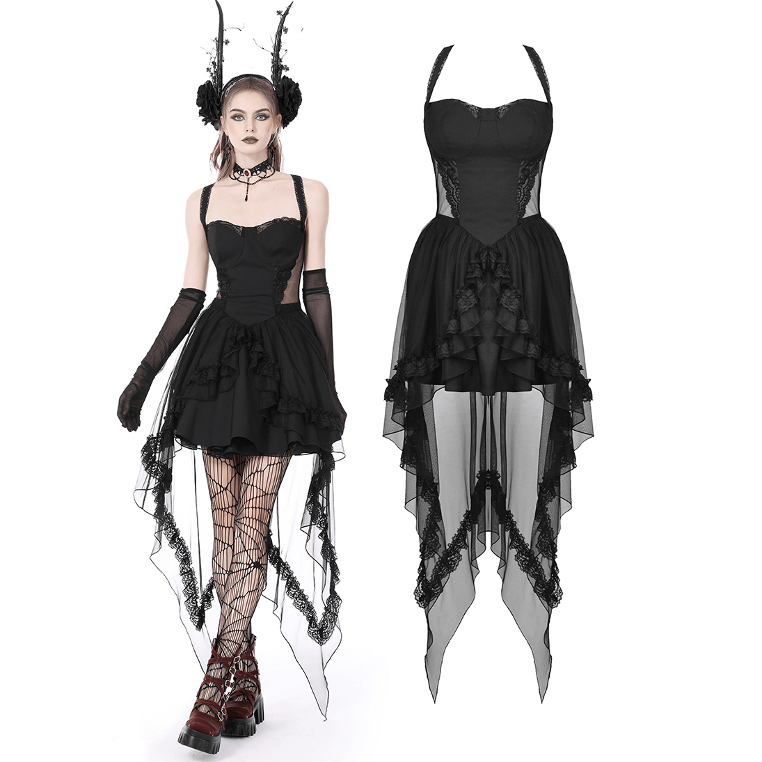 Gothic Swallowtail Dress with Lace and Layered Skirt - image 3