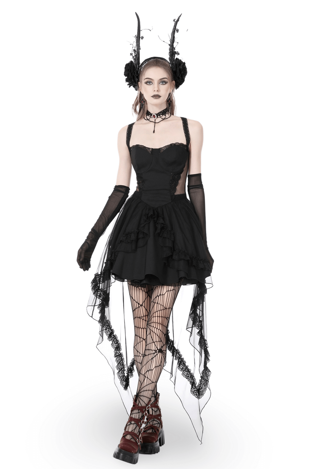Gothic Swallowtail Dress with Lace and Layered Skirt - image 1