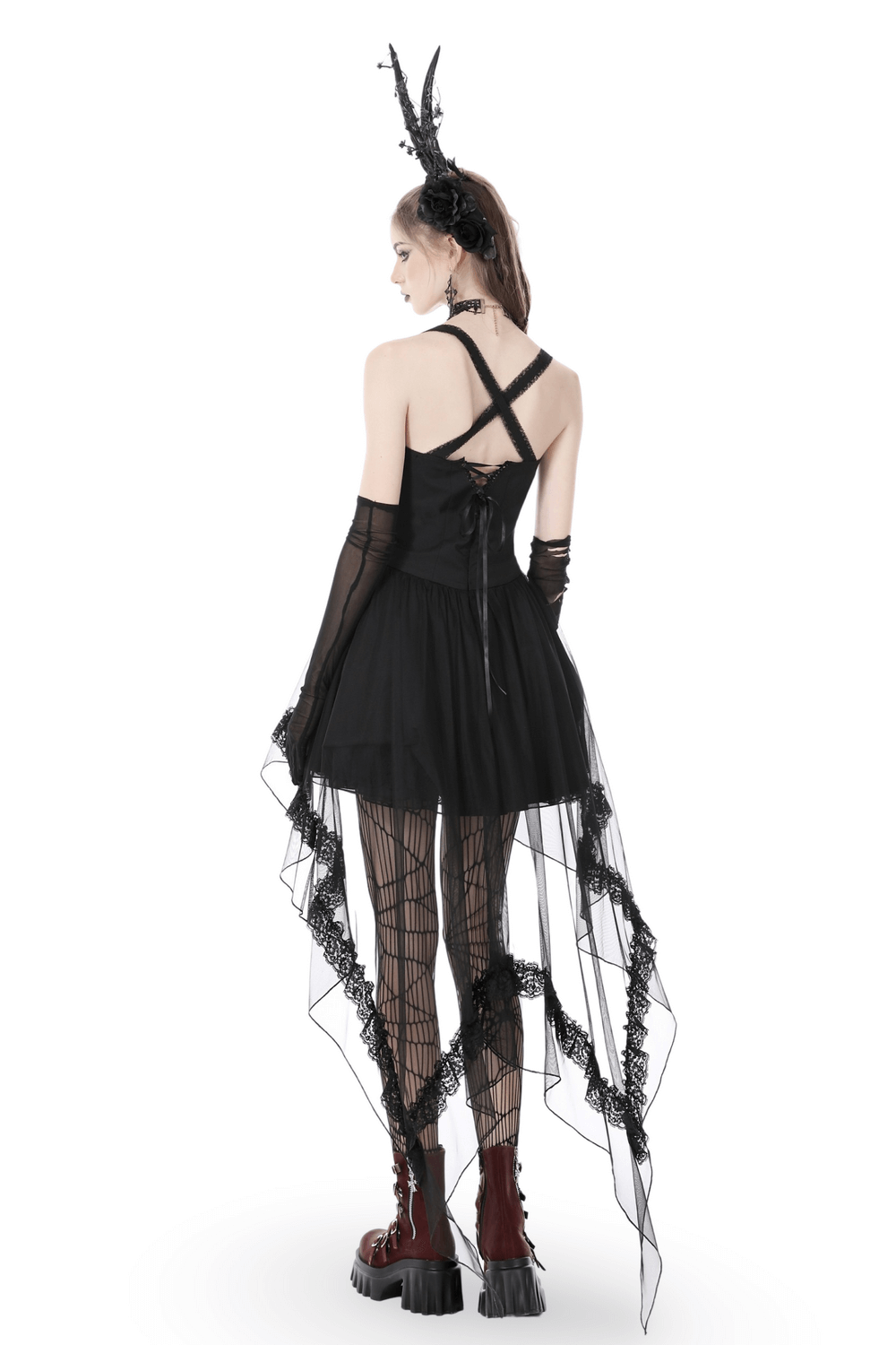Gothic Swallowtail Dress with Lace and Layered Skirt - image 2
