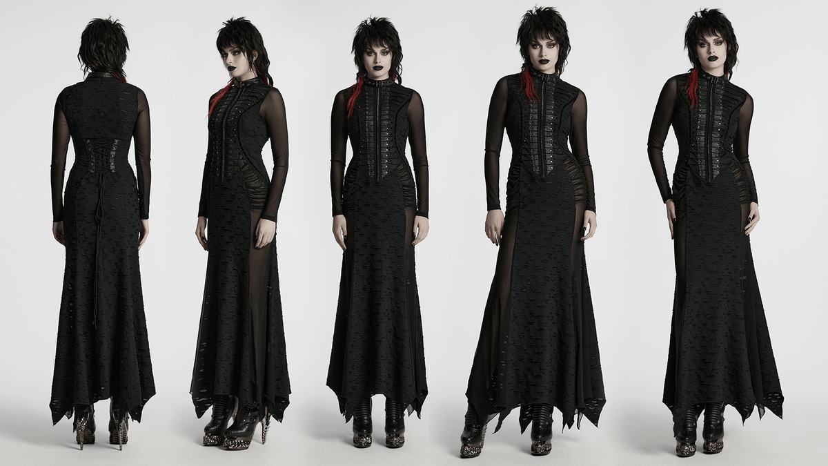 Gothic Tattered Mesh Pleated Punk Long Dress - image 15