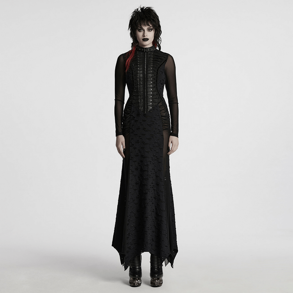 Gothic Tattered Mesh Pleated Punk Long Dress - image 12