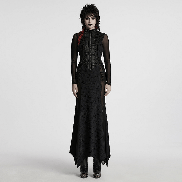 Gothic Tattered Mesh Pleated Punk Long Dress - image 12