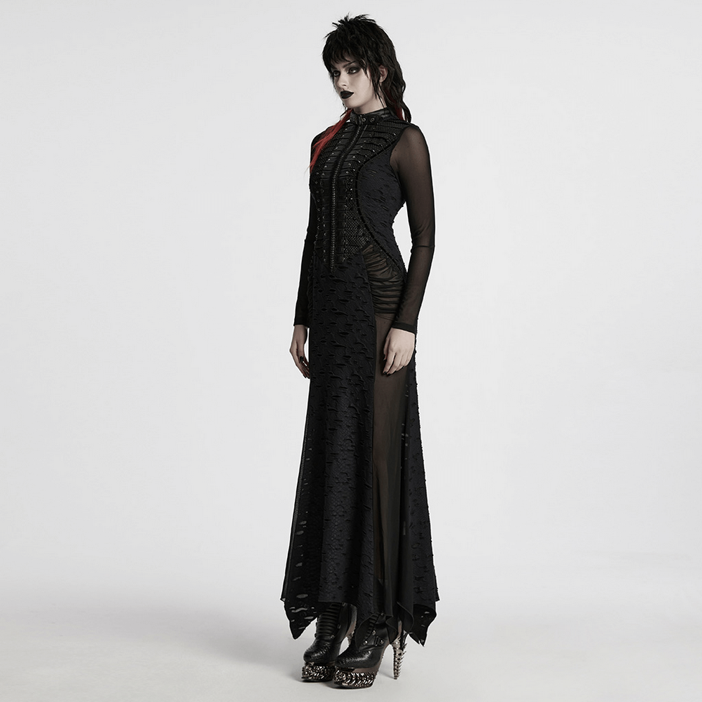 Gothic Tattered Mesh Pleated Punk Long Dress - image 13