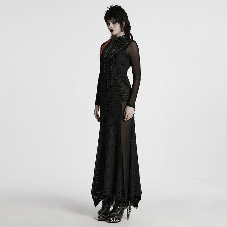Gothic Tattered Mesh Pleated Punk Long Dress - image 13