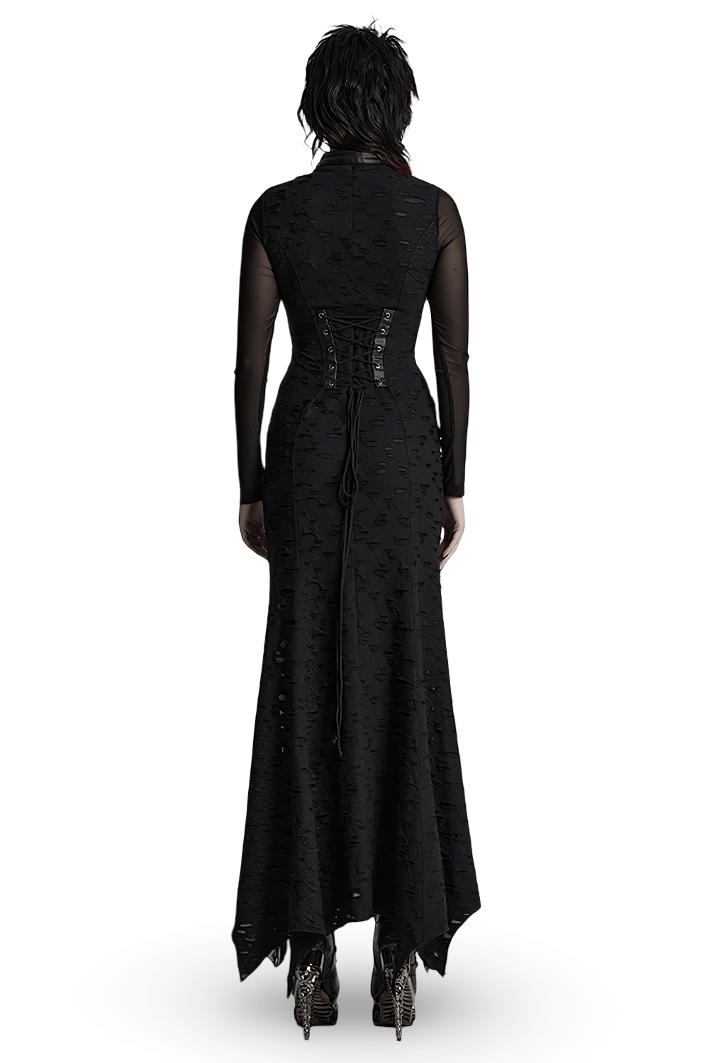 Gothic Tattered Mesh Pleated Punk Long Dress - image 2