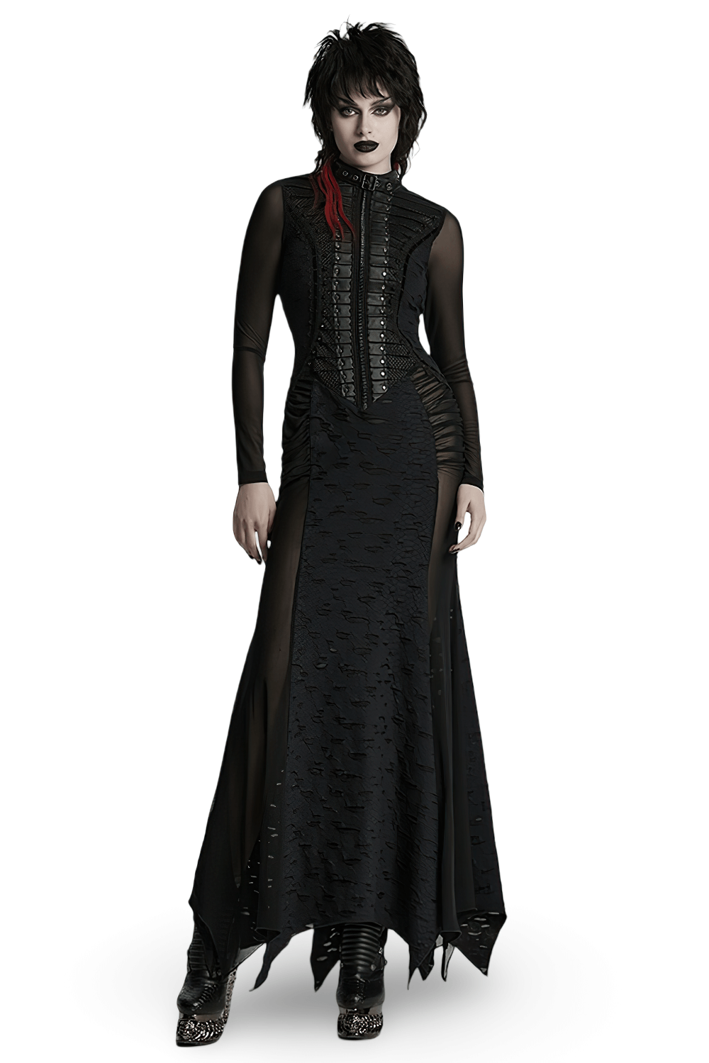 Gothic Tattered Mesh Pleated Punk Long Dress - image 1